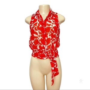 NEW Moda International Silk Red Floral Sleeveless‎ Button Front Tie Waist Blouse